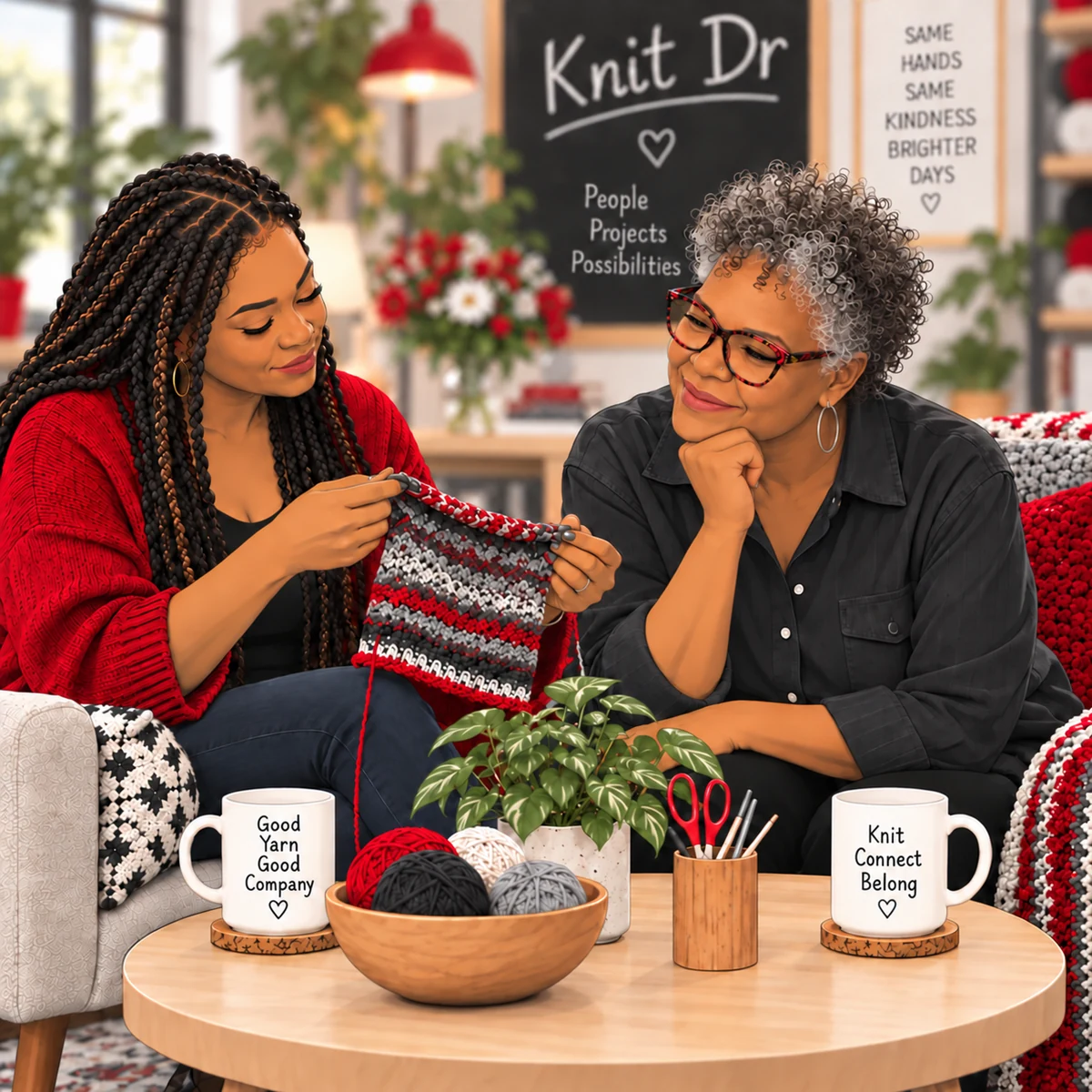 Illustration of Rachel helping a Black woman with her knitting